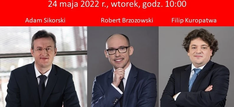 Trzech biznesmenów w formalnych ubraniach omawia wyniki finansowe na wideokonferencji. Dołącz do czatu inwestorów, aby dowiedzieć się więcej o efektywności Grupy UNIMOT. 24 maja 2022, godzina 10:00.