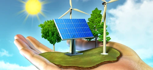 Nowoczesna turbina wiatrowa i panel słoneczny generujący energię odnawialną. Zielona technologia w działaniu na farmie wiatrowej i kolektorze słonecznym termicznym.