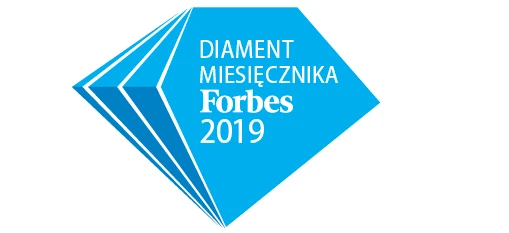 Logo firmy Forbes Media LLC przedstawiające trójkątny design, promujący prestiżową nagrodę DIAMENT MIESIĘCZNIKA w 2019 roku.