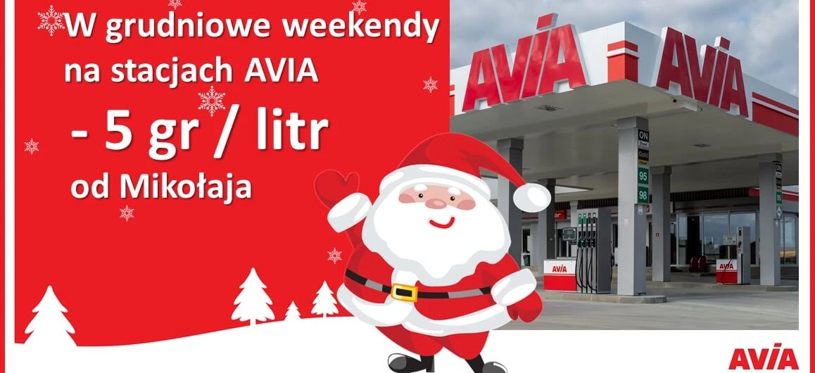 Polski język reklamowy firmy AVIA z wyjątkową ofertą na świąteczny weekend: 5 gr/litr taniej od Świętego Mikołaja.