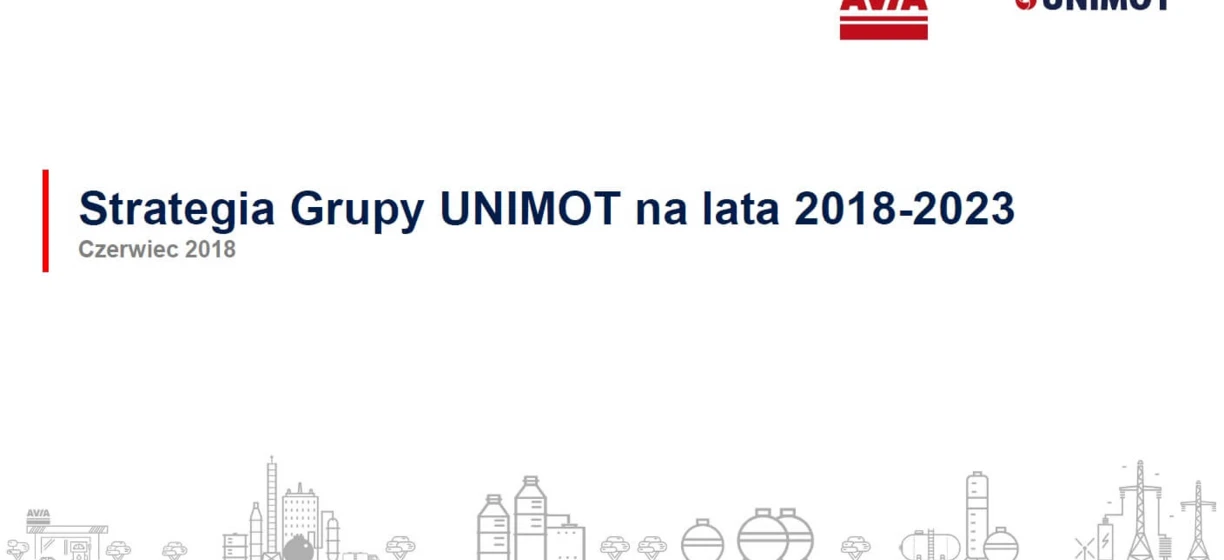 Zrzut ekranu czcionki AVIA użytej w strategii UNIMOT na lata 2018-2023. Tytuł w języku polskim: "Strategia Grupy UNIMOT na lata 2018-2023."