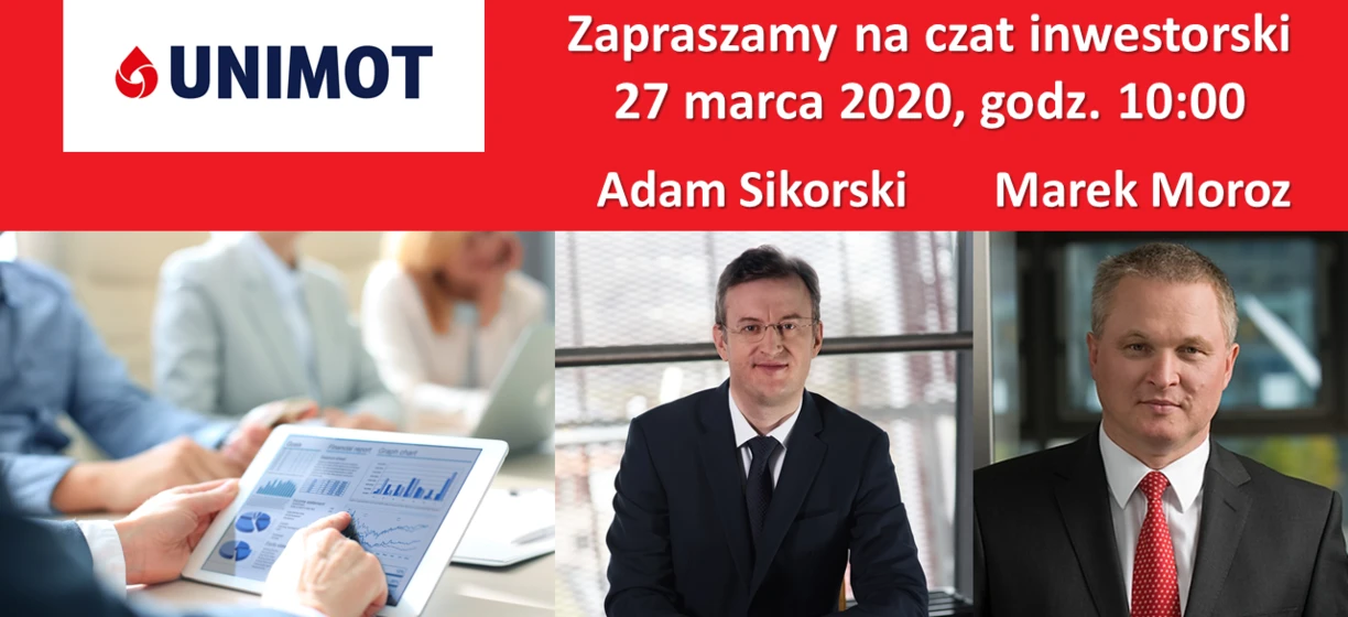 Pracownik umysłowy i biznesmen prezentujący wydarzenie reklamowe dla UNIMOT. Dołącz do czatu inwestorów 27 marca 2020 o godzinie 10:00 z Adamem Sikorskim i Markiem Moroziem.