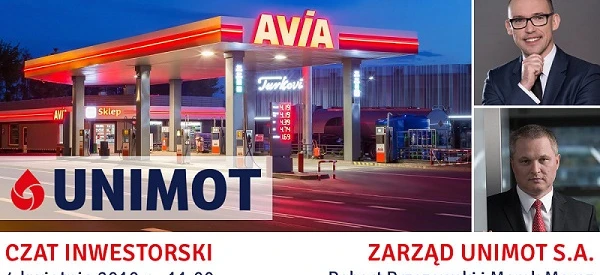 Reklama stacji paliw AVİA z logo oraz informacją o sklepie. Tekst w języku polskim zawiera szczegóły o firmie oraz informację o rozmowie z inwestorem.