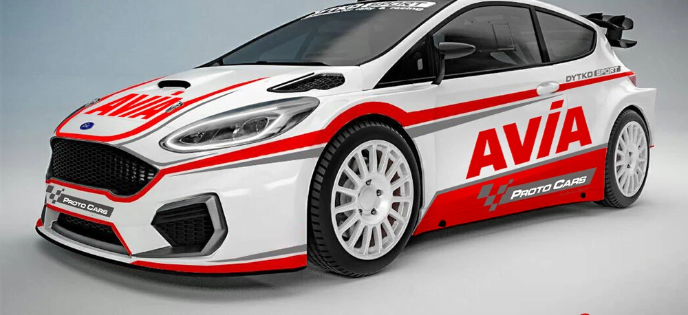Logo AVIA i PROTO CARS na masce samochodu wyścigowego, sponsorowane przez DYTKO SPORT na wydarzeniu motorsportowym AVÍA. Samochód wyścigowy Ford w podstawowym stylu hatchback z naklejką motoryzacyjną. Ograniczenie: loga AVIA i PROTO CARS na masce samochodu wyścigowego z sponsorowaniem DYTKO SPORT, Ford performance w stylu podstawowego hatchbacka z naklejką motoryzacyjną.