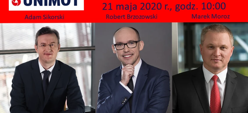 Biznesmeni w strojach formalnych biorą udział w czacie inwestorów online, organizowanym przez UNIMOT. Dołącz do Adama Sikorskiego i Roberta Brzozowskiego 21 maja o godzinie 10:00, aby zdobyć cenne wskazówki.