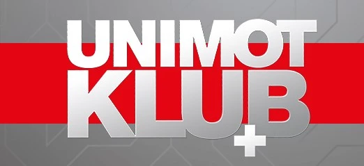 Logo dla reklamy UNIMOT KLUB z wyrazistą grafiką i elementami graficznego projektowania.