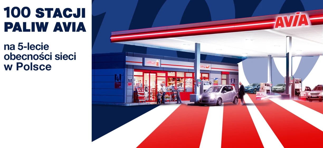 Reklama dla stacji paliw Avia w Polsce świętująca ich 5-letnią obecność z logo "UNIMOT". 100 stacji w całym kraju, oferujących wysokiej jakości paliwo.