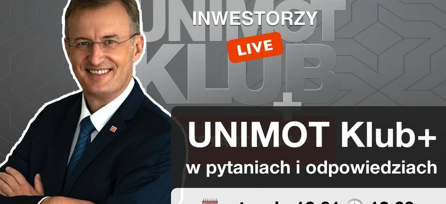 Rzecznik w formalnym ubraniu z okularami i krawatem wygłaszający przemówienie z logiem UNINWESTORZY w tle. Słowa kluczowe: Okulary, Garnitur, Marynarka, Krawat, Przemówienie, Logo. Wydarzenie na żywo z UNIMOT Klub+ we wtorek, 12.01 o godzinie 12:00.