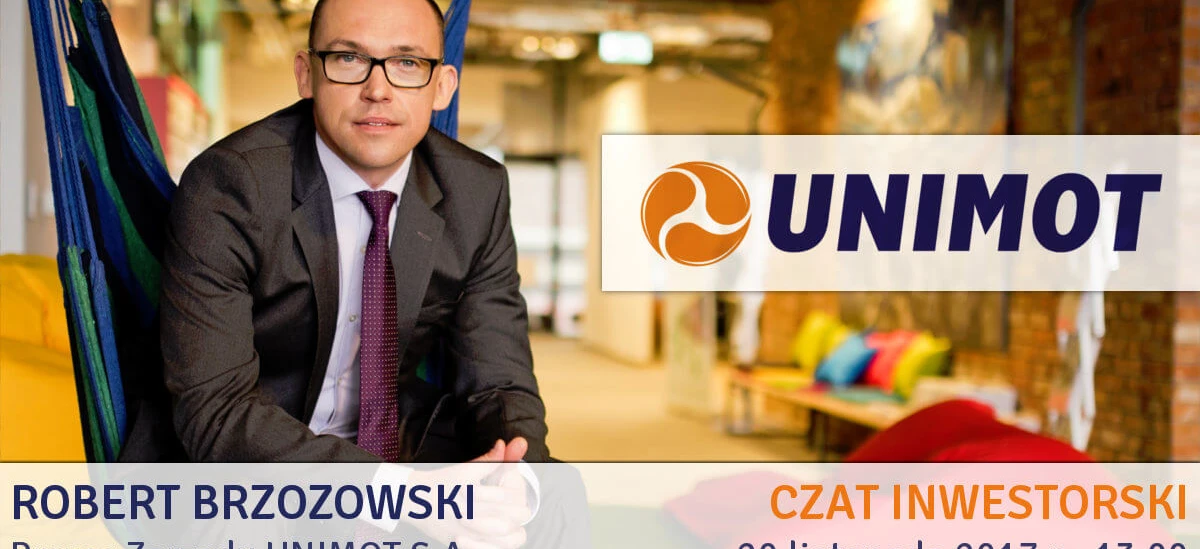 Alternatywny tekst: Baner reklamowy z udziałem prezesa UNIMOT Roberta Brzozowskiego w garniturze, promujący nadchodzące wydarzenie internetowego czatu dla inwestorów.