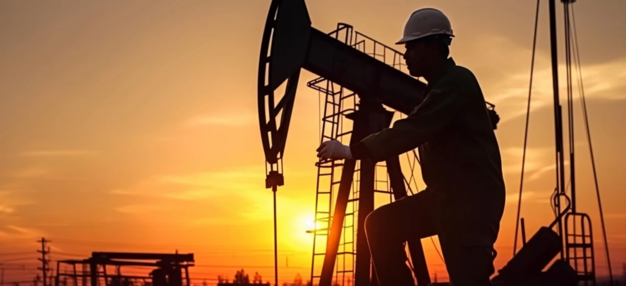 Robotnik fizyczny, ubrany w odzież roboczą i kask, sprawdza stalową rurę o zmroku w branży naftowej. Inżynieria i konserwacja infrastruktury publicznej w działaniu.