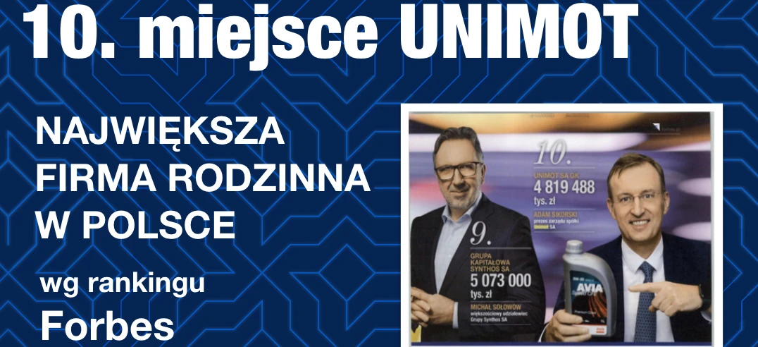 Obraz pracownika biurowego w garniturze z logo UNIMOT. Tekst w języku polskim omawiający rankingi najlepszych rodzinnych przedsiębiorstw w Polsce. Słowa kluczowe: Pracownik biurowy, Reklama, Garnitur, Logo, Biznesmen, UNIMOT.