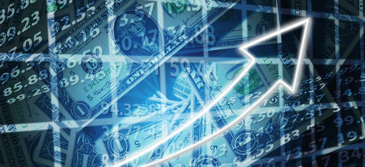 Abstrakcyjny projekt graficzny technologii przedstawiający diagram trójkąta z różnymi symbolami i liczbami. Obraz obejmuje tekst związany z banknotami Rezerwy Federalnej i Stanami Zjednoczonymi Ameryki.