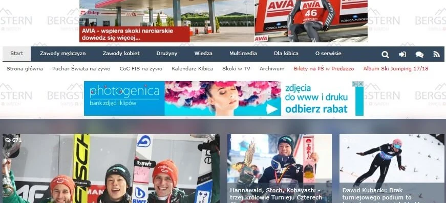 Zrzut ekranu strony Skijumping.pl pokazującej reklamowe bannery online dla AVIA, Audi i Konica Minolta. Odkryj najnowsze informacje o skokach narciarskich, multimedia oraz kalendarz wydarzeń. Skontaktuj się z nami w celu skorzystania z możliwości reklamowych.