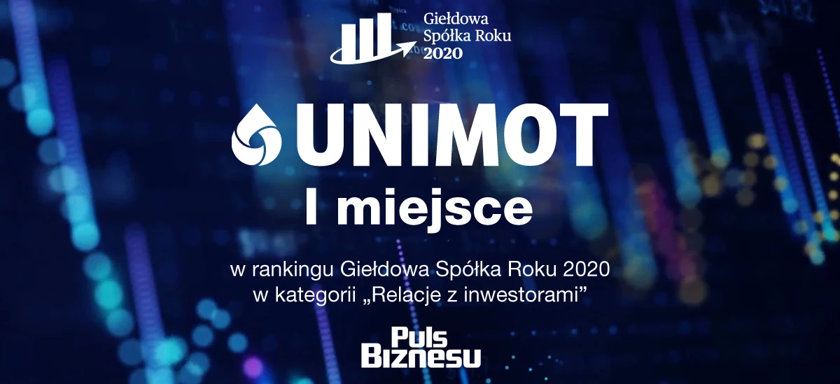 Projekt plakatu graficznego prezentującego logo UNIMOT jako zwycięzcę nagrody Spółki Roku 2020 w kategorii Relacji Inwestorskich. Wyróżniona cena akcji wynosi 41,82$.