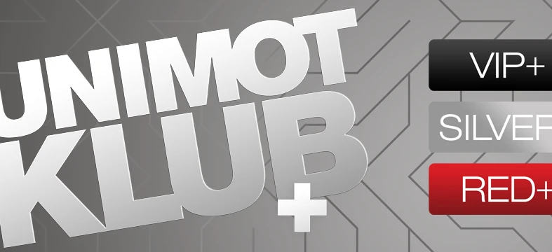 Elegancki projekt logo dla UNIMOT z grafiką i wytłuszczonymi kolorami czerwieni i srebra dla ich członkostwa w klubie VIP.