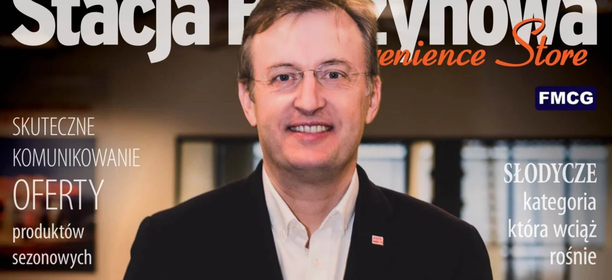 Reklama dla ochrony wzroku: Osoba biznesowa w koszuli z kołnierzykiem i okularami. Tekst w języku polskim promujący sezonowe produkty na stronie petrolnet.pl.