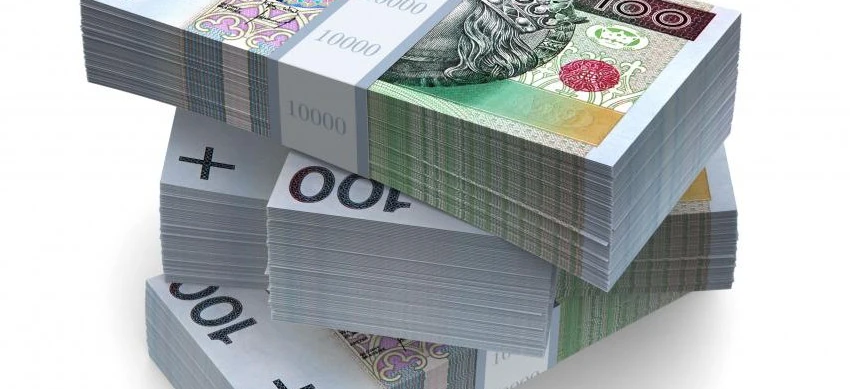 Obraz polskich banknotów ułożonych w trójkąt z różnymi nominałami, w tym 100, 33 i 10000 złotych. Tekst brzmi "STO ZŁOTYCH" i "OOF" między innymi.