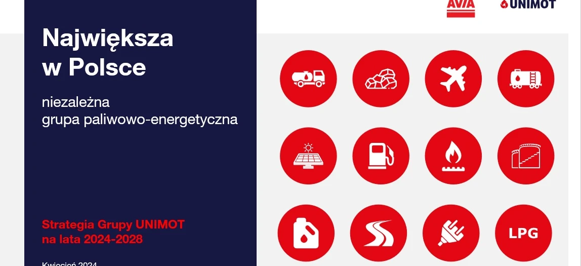 Zrzut ekranu czerwonych grafik przedstawiających największą niezależną grupę paliwowo-energetyczną w Polsce, strategię UNIMOT na lata 2024-2028. 

(Unimot) - projekt graficzny dla największej niezależnej grupy paliwowo-energetycznej w Polsce, strategii na lata 2024-2028, kwiecień 2024.