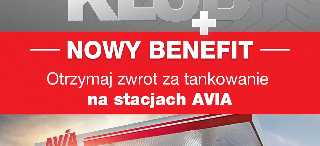 Reklama bannerowa dla AVIA z logiem oraz ofertą korzyści w postaci zwrotu gotówki za tankowanie na stacjach AVIA. Dodatkowo, skorzystaj z kawy za 2,49 euro w sklepie AVIA.