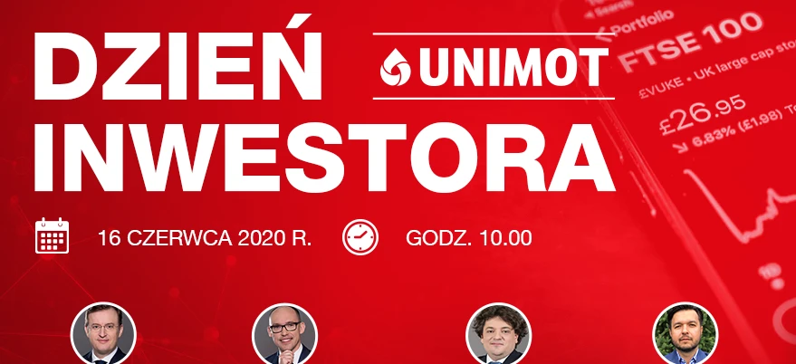 Polski język reklama projektowanie graficzne logo zaproszenia na spotkanie online 16 czerwca 2020 z wykonawcami Unimot. "ZAPRASZAMY NA SPOTKANIE ONLINE" - Dołącz do nas! #UNIMOT #FTSE100 #INWESTORA #ProjektGraficzny #JęzykPolski