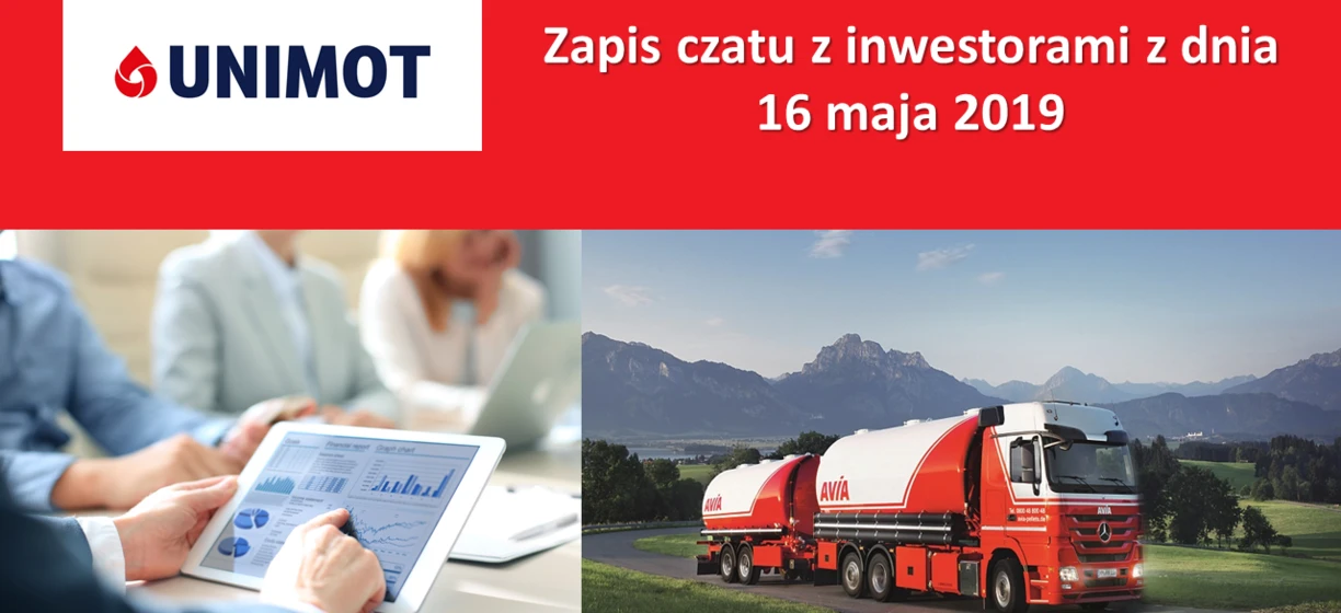 Transkrypt rozmowy z inwestorami z dnia 16 maja 2019 r. z logo UNIMOT. Wzmiankowane Mercedes-Benz, SD Eibar, Uniwersytet Nove de Julho.