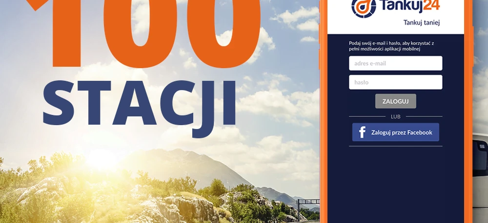 Pomarańczowa grafika prezentuje aplikację stacji paliw z możliwością tankowania w 100 stacjach. Wprowadź swój adres e-mail i hasło, aby uzyskać pełny dostęp do aplikacji mobilnej.