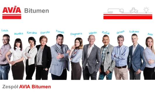 Grupa formalnych zawodowców biznesowych z AVÍA Bitumen współpracujących w garniturach i krawatach. Członkami zespołu są Lech, Monika, Karolina, Dorota, Tomek, Dagmara, Wiesiu, Rafał, Grześ, Łukasz i Asia.