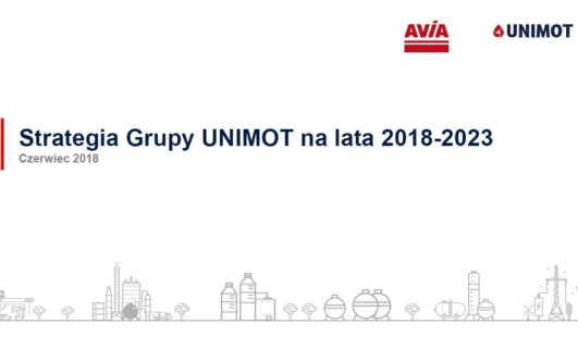 Zrzut ekranu czcionki AVIA użytej w strategii UNIMOT na lata 2018-2023. Tytuł w języku polskim: "Strategia Grupy UNIMOT na lata 2018-2023."