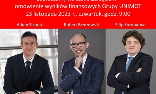 Profesjonaliści w biznesowych ubraniach, noszący okulary, omawiają wyniki finansowe Grupy UNIMOT. Dołącz do czatu z zespołem zarządzającym 23 listopada 2023 roku o godzinie 9:00.