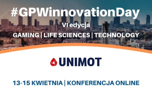 Logo dla VI edycji Dnia Innowacji GPW obejmujący Gaming, Life Sciences, Technology oraz UNIMOT. Konferencja odbywa się online od 13 do 15 kwietnia. #GPWinnovationDay.