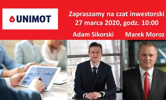 Pracownik umysłowy i biznesmen prezentujący wydarzenie reklamowe dla UNIMOT. Dołącz do czatu inwestorów 27 marca 2020 o godzinie 10:00 z Adamem Sikorskim i Markiem Moroziem.