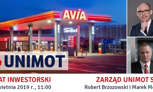 Reklama stacji paliw AVİA z logo oraz informacją o sklepie. Tekst w języku polskim zawiera szczegóły o firmie oraz informację o rozmowie z inwestorem.