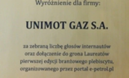 Nagroda dla firmy UNIMOT GAZ S.A. za liczbę głosów online i dołączenie do grona zwycięzców pierwszej edycji prestiżowego konkursu portalu e-petrol.pl. 2012 Font Text Awards.