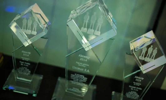 Srebrny puchar nagrody wyświetlany w przezroczystej obudowie prezentującej jego projekt wykonany z naturalnych materiałów. Zwycięzca nagrody Akcenty 2014 od firmy Unimot S.A.