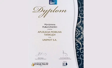 Dyplom z nagrodą za projekt aplikacji mobilnej Tankuj24 od UNIMOT S.A. w 2017 roku. Podpis oraz świadectwo uznania za doskonałość w dziedzinie projektowania graficznego.