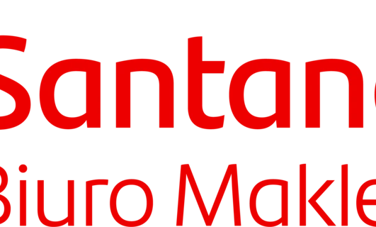 Czerwony znak z napisem "Biuro Maklerskie Santander" w języku polskim. Reprezentujący firmę związaną z Grupą Santander.