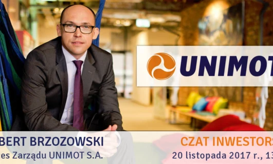 Alternatywny tekst: Baner reklamowy z udziałem prezesa UNIMOT Roberta Brzozowskiego w garniturze, promujący nadchodzące wydarzenie internetowego czatu dla inwestorów.