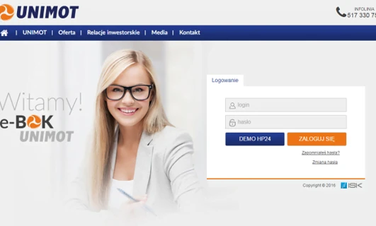 Strona główna witryny UNIMOT zawierająca sekcje: Oferta, Relacje inwestorskie, Media oraz Kontakt. Pola do logowania i hasła z opcją demonstracyjną oraz resetowania hasła. Informacje kontaktowe i notatka o prawach autorskich na dole strony.