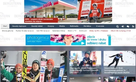 Zrzut ekranu strony Skijumping.pl pokazującej reklamowe bannery online dla AVIA, Audi i Konica Minolta. Odkryj najnowsze informacje o skokach narciarskich, multimedia oraz kalendarz wydarzeń. Skontaktuj się z nami w celu skorzystania z możliwości reklamowych.