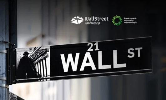 Tabliczka z nazwą ulicy "WALL ST" na ceglanej ścianie. Konferencja Stowarzyszenia Inwestorów Indywidualnych przy 21 Wall Street.