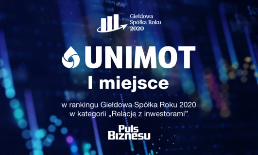 Projekt plakatu graficznego prezentującego logo UNIMOT jako zwycięzcę nagrody Spółki Roku 2020 w kategorii Relacji Inwestorskich. Wyróżniona cena akcji wynosi 41,82$.