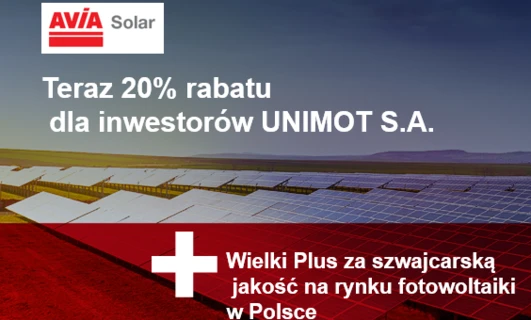 Zniżka 20% dla inwestorów UNIMOT S.A. na panele AVİA Solar. Szwajcarskie rozwiązania energii słonecznej najwyższej jakości w Polsce. #EnergiaSłoneczna #EnergiaOdnawialna #Zniżka