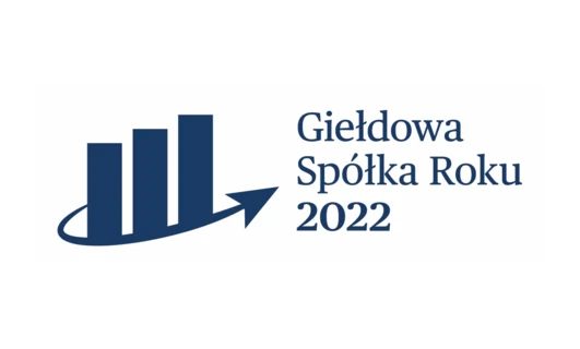 Obrazek przedstawia pięknie zaprojektowaną grafikę z tekstem napisanym elegancką czcionką, prezentującą tytuł "Giełdowa Spółka Roku 2022" dla nagrody w dziedzinie grafiki.