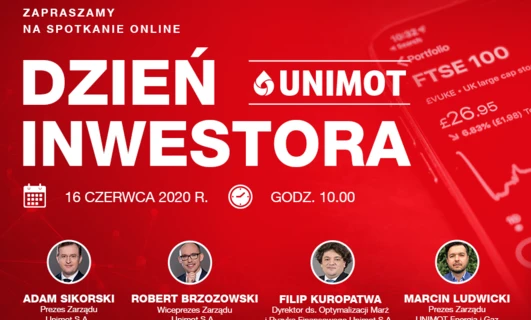 Polski język reklama projektowanie graficzne logo zaproszenia na spotkanie online 16 czerwca 2020 z wykonawcami Unimot. "ZAPRASZAMY NA SPOTKANIE ONLINE" - Dołącz do nas! #UNIMOT #FTSE100 #INWESTORA #ProjektGraficzny #JęzykPolski