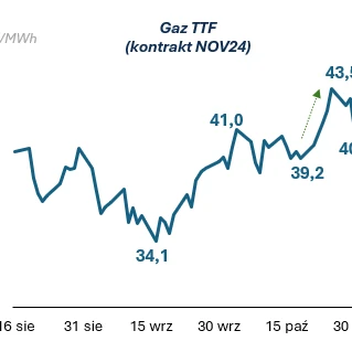 Diagram przedstawiający ceny EUR/MWh dla kontraktu na Gaz TTF na listopad 2024 roku, z wahaniem cen w różnych datach sierpnia, września i października.