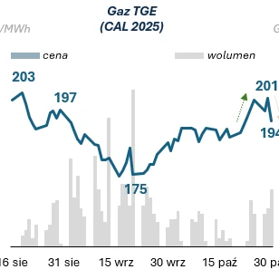 Wykres liniowy showing the plot of PLN/MWh prices over time, z liczbami w zakresie od 0 do 210. Gaz TGE (CAL 2025) jest wyróżniony jako kluczowy punkt na diagramie.